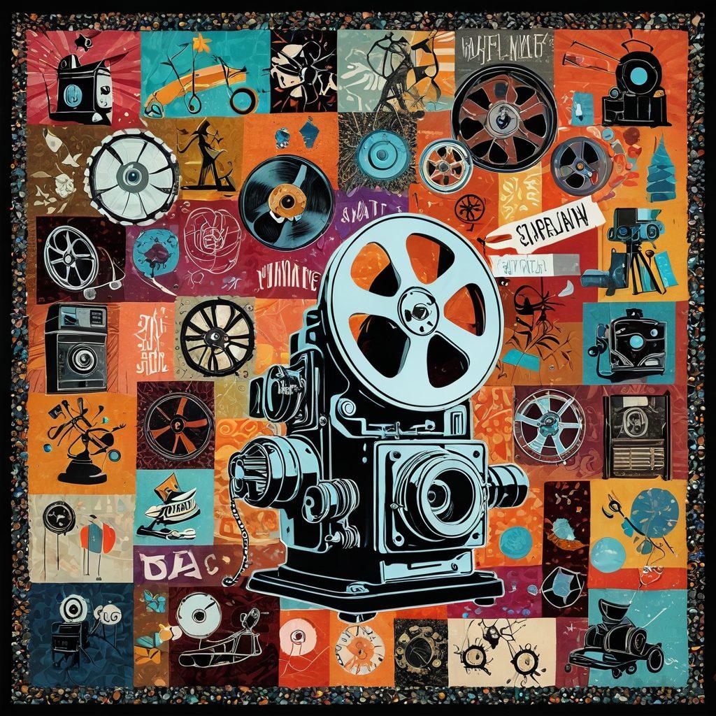 A whimsical and colorful collage showcasing a variety of independent and experimental film scenes, including a vintage film projector casting vibrant light, a film reel unraveling into a tapestry of joyful characters, and abstract sketches that represent creativity and emotion. Scatter old film posters and quirky cinema icons throughout the background to enhance the nostalgic vibe. surreal art style. vibrant colors. textured background.