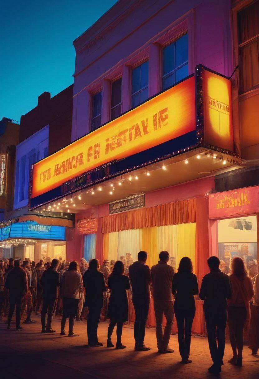 A vibrant film festival scene showcasing a diverse crowd of indie film enthusiasts, colorful banners of art house films fluttering in the breeze, a classic cinema marquee aglow with lights, artists passionately discussing their works, and film reels spilling creativity around them. super-realistic. vibrant colors. cinematic atmosphere. warm lighting.