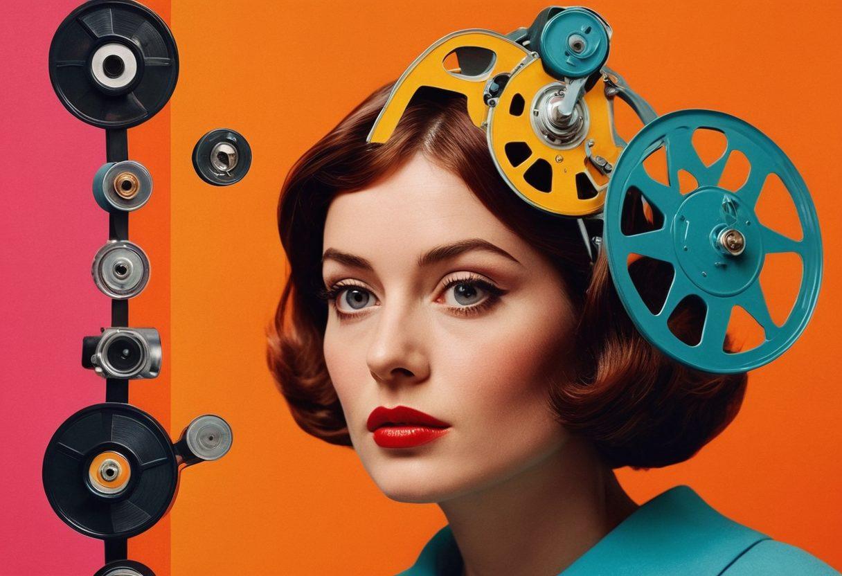 A creative collage showcasing iconic scenes from experimental films, with characters using unconventional storytelling methods in vibrant colors. Incorporate abstract shapes and surreal visual elements that represent the unique narratives, along with a vintage film reel in the background. The overall mood should be whimsical and thought-provoking, evoking a sense of curiosity and innovation. super-realistic. vibrant colors. abstract art.